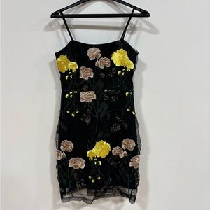 NWT Lulu's Black Dress with Yellow and Beige Floral Embroidery